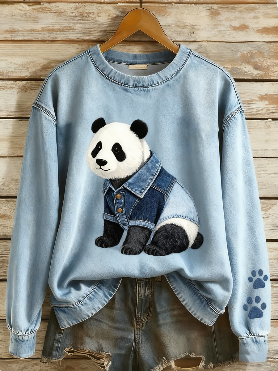 Damen Retro Denim Patchwork Tier Kunst Druck lässig Komfort Langarm Sweatshirt