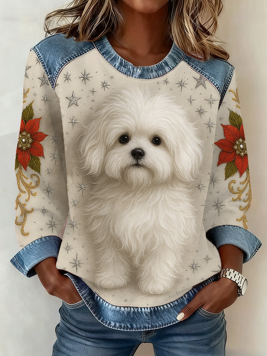 Damen niedliches Hunde-Kunst-Denim-Patchwork-Top