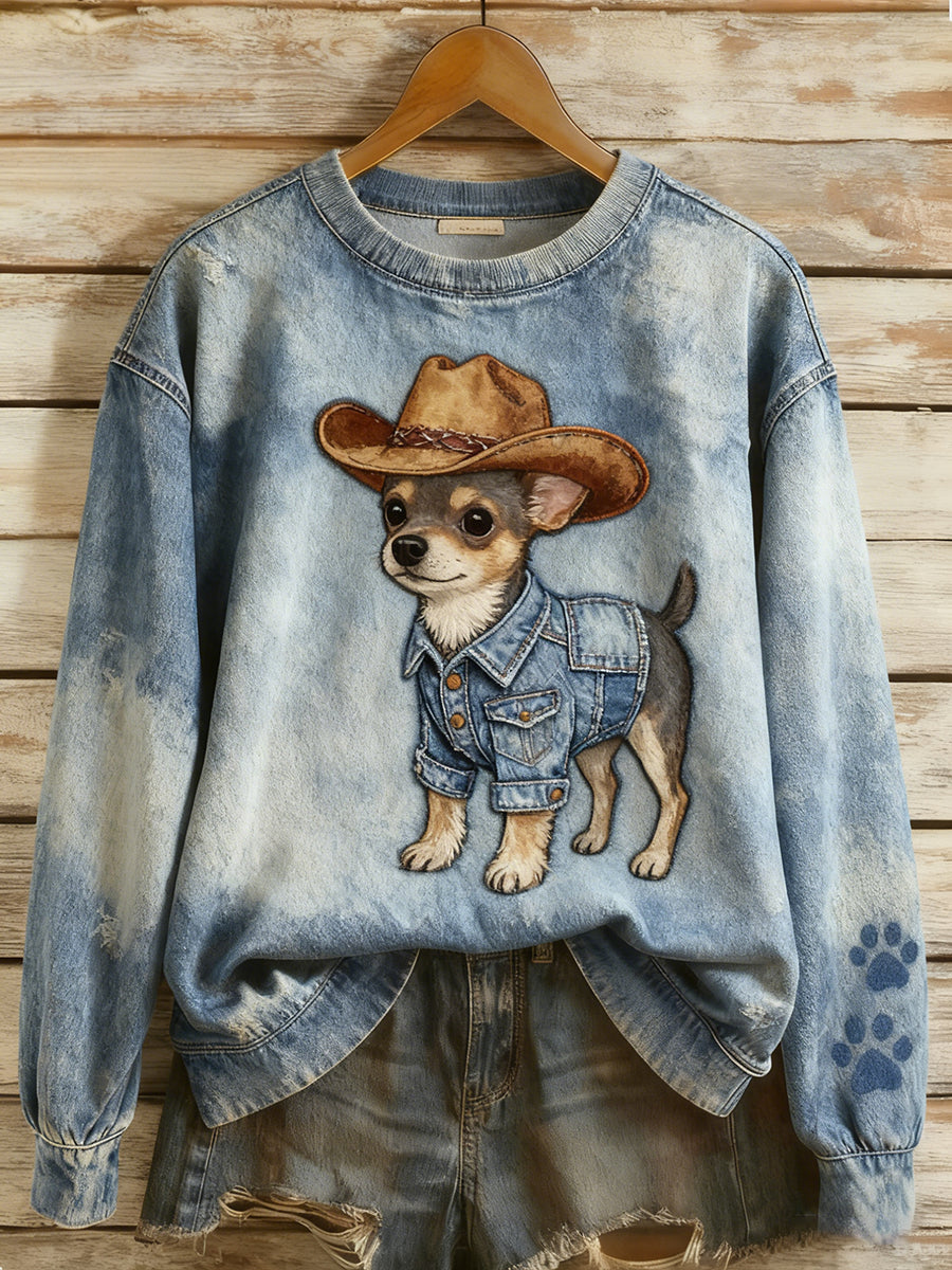 Damen Retro Denim Patchwork Tier Kunst Druck lässig Komfort Langarm Sweatshirt