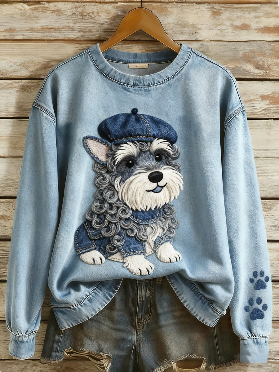 Damen Retro Denim Patchwork Tier Kunst Druck lässig Komfort Langarm Sweatshirt