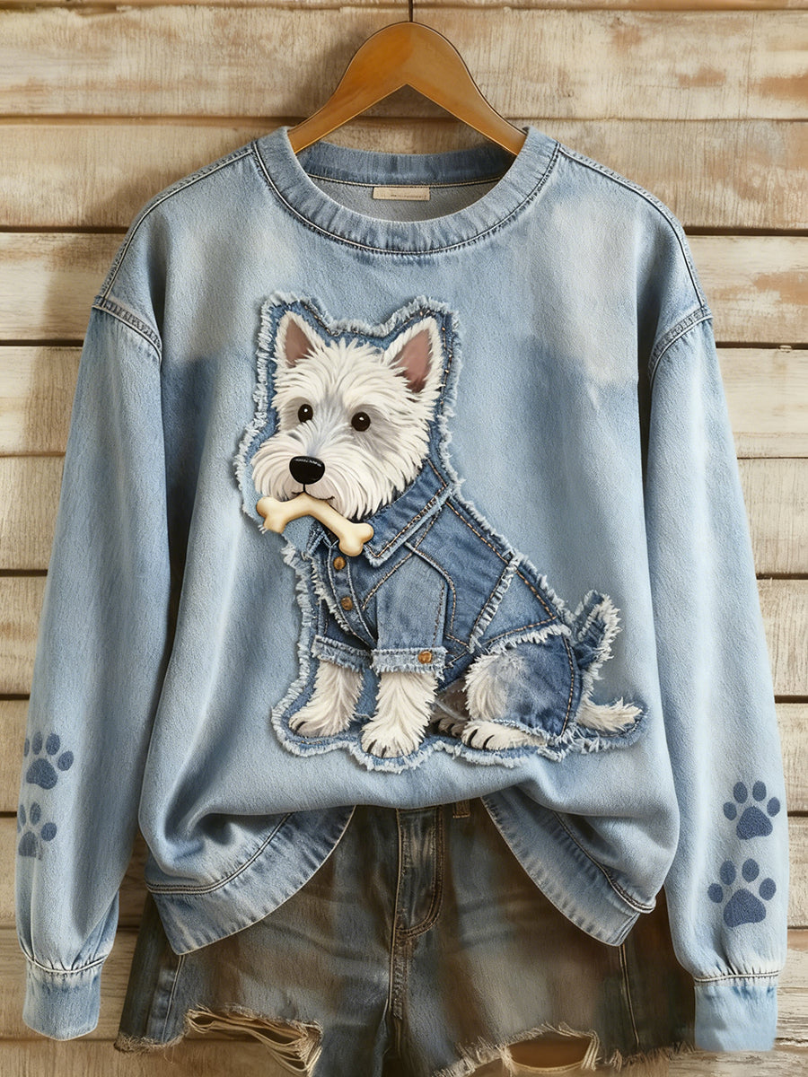 Damen Retro Denim Patchwork Tier Kunst Druck lässig Komfort Langarm Sweatshirt