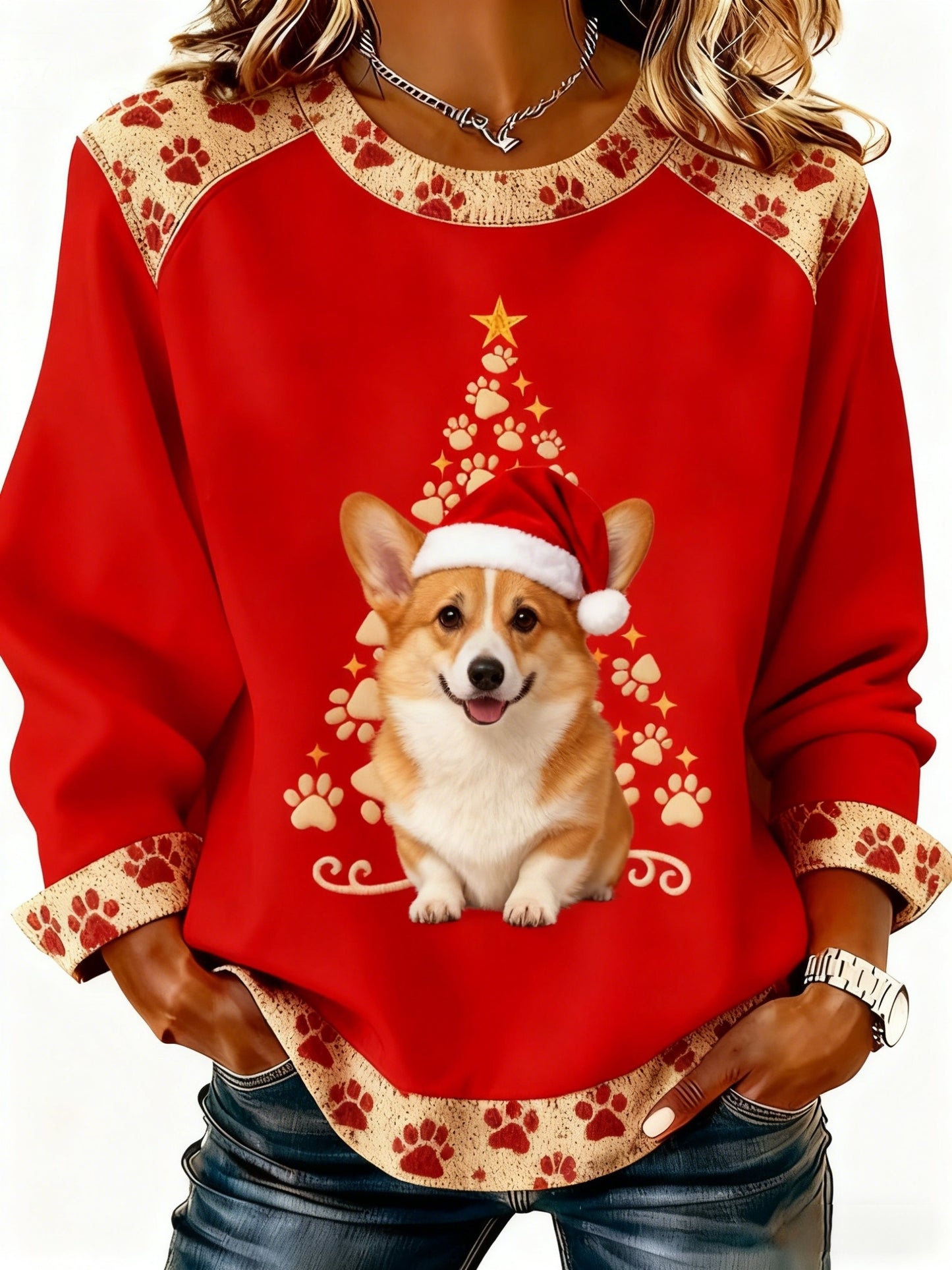 Retro Weihnachten niedlich Hund Patchwork Design gedruckt lässig lose lange Ärmel Sweatshirt