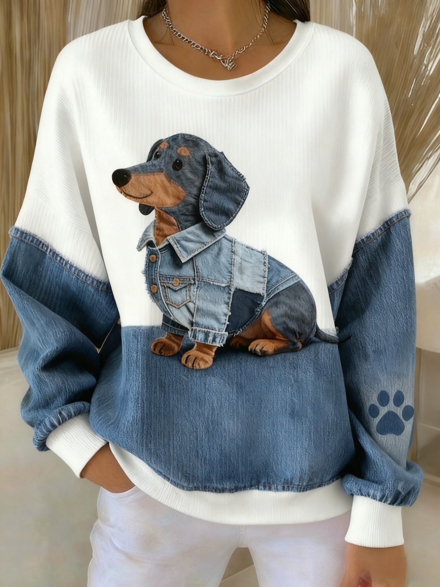 Retro niedlicher Hund Dackel Denim Patchwork Stoff gedruckt lässig Lose Langarm Sweatshirt
