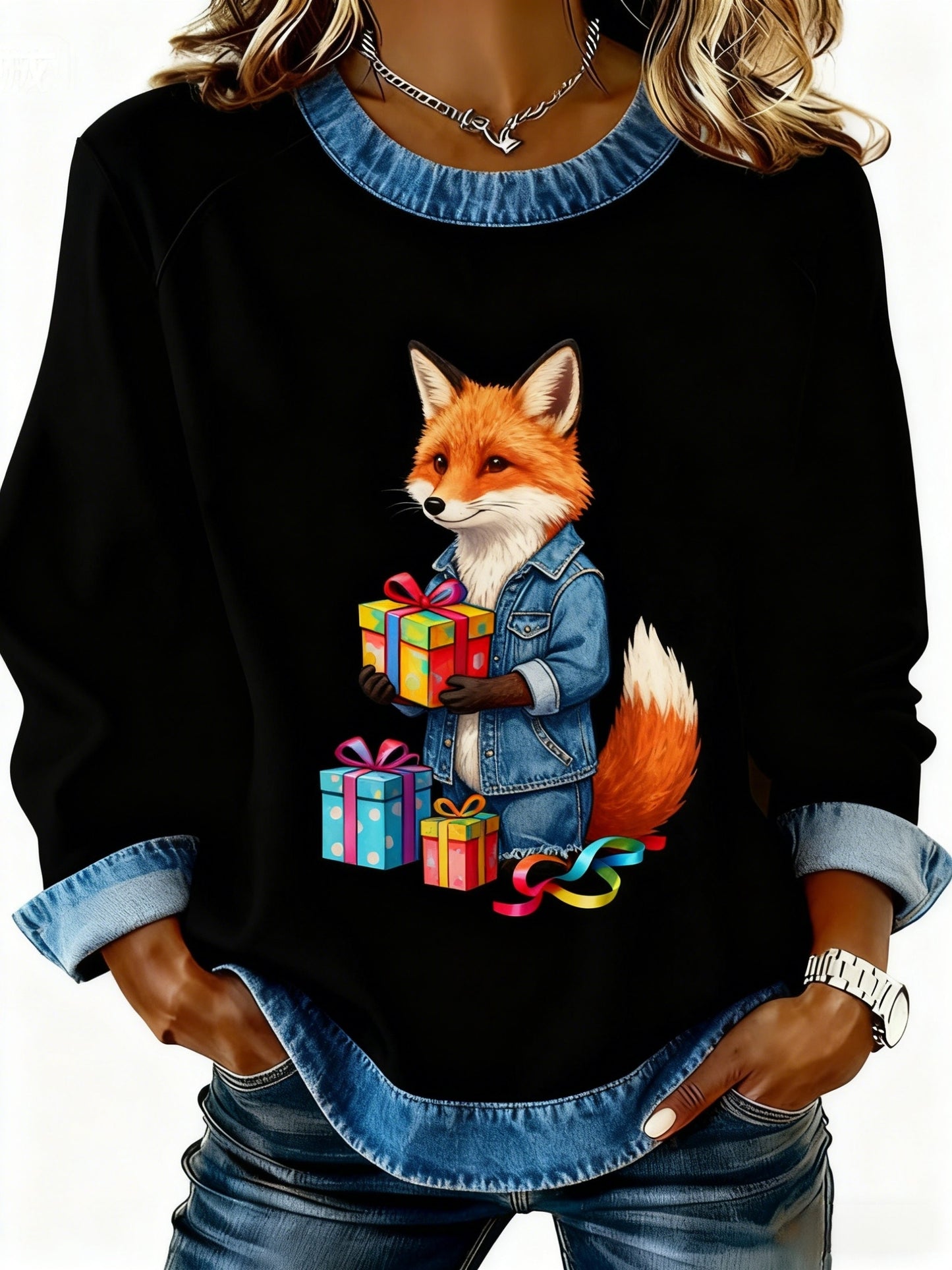 Retro Weihnachten niedlich Fox Patchwork Design gedruckt lässig lose lange Ärmel Sweatshirt