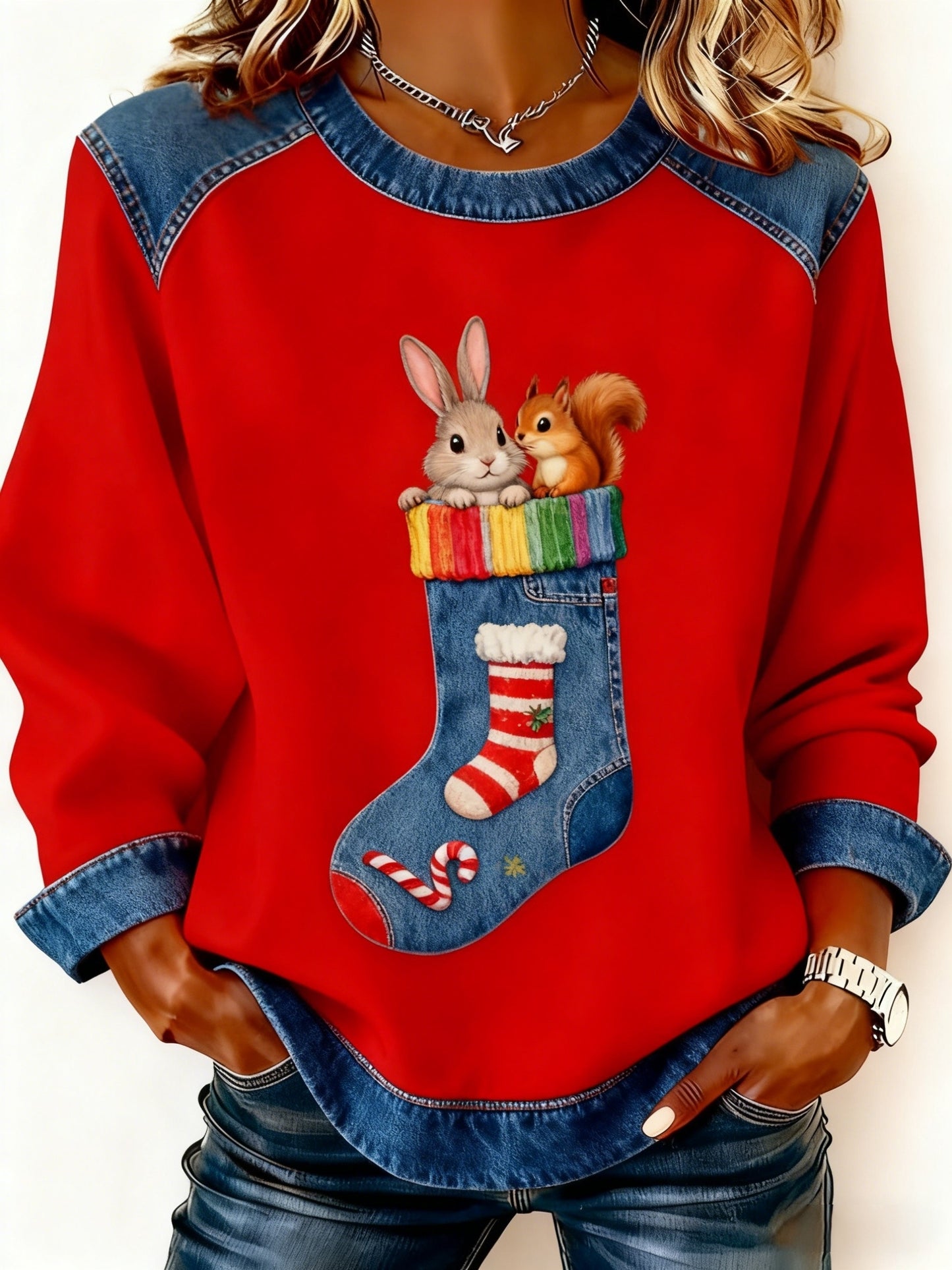 Retro Weihnachten niedlich Kaninchen Eichhörnchen Patchwork Design gedruckt lässig Lose Langarm Sweatshirt