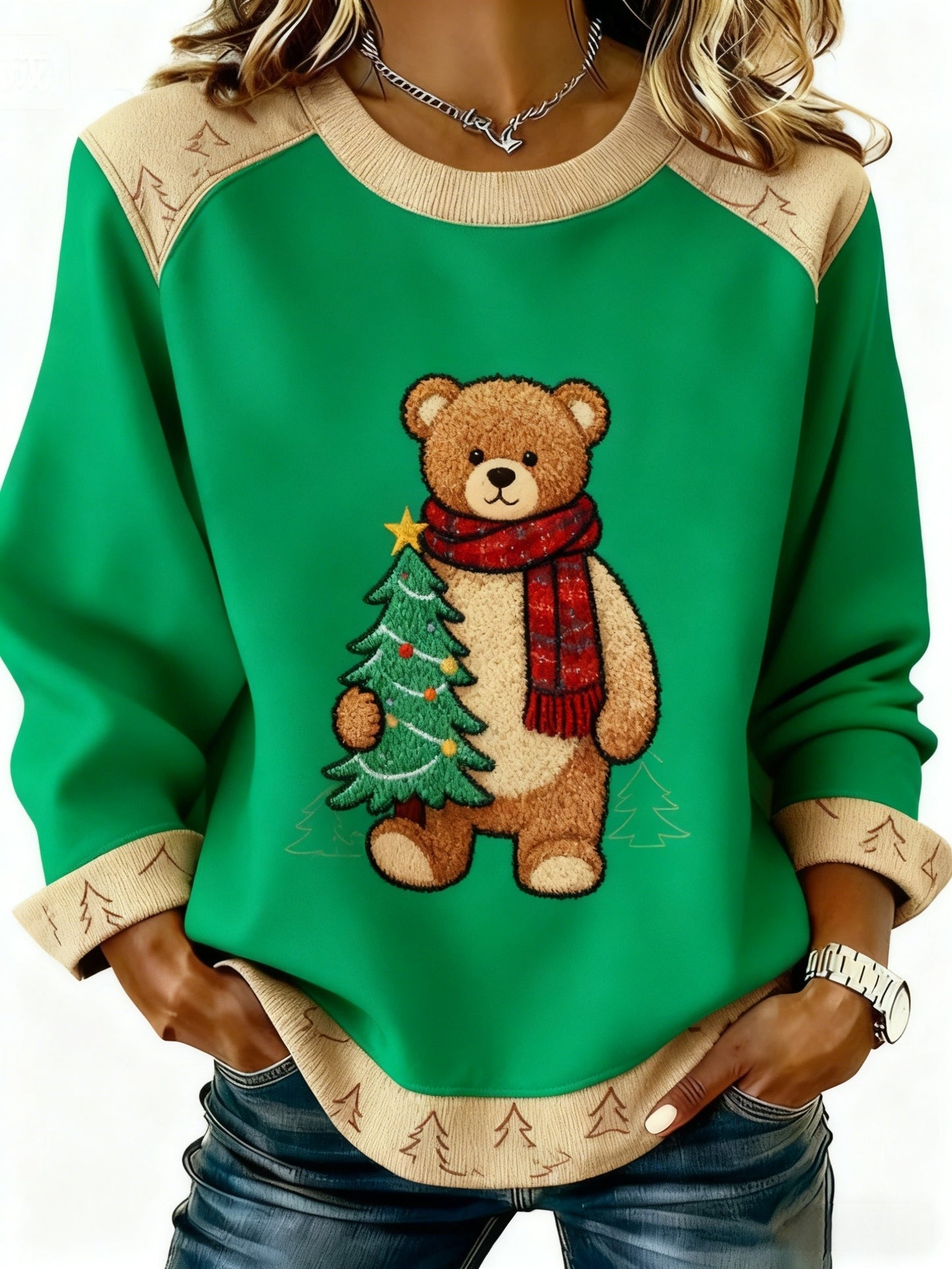 Retro Weihnachten niedlich Bär Weihnachts baum Patchwork Design gedruckt lässig Lose Langarm Sweatshirt