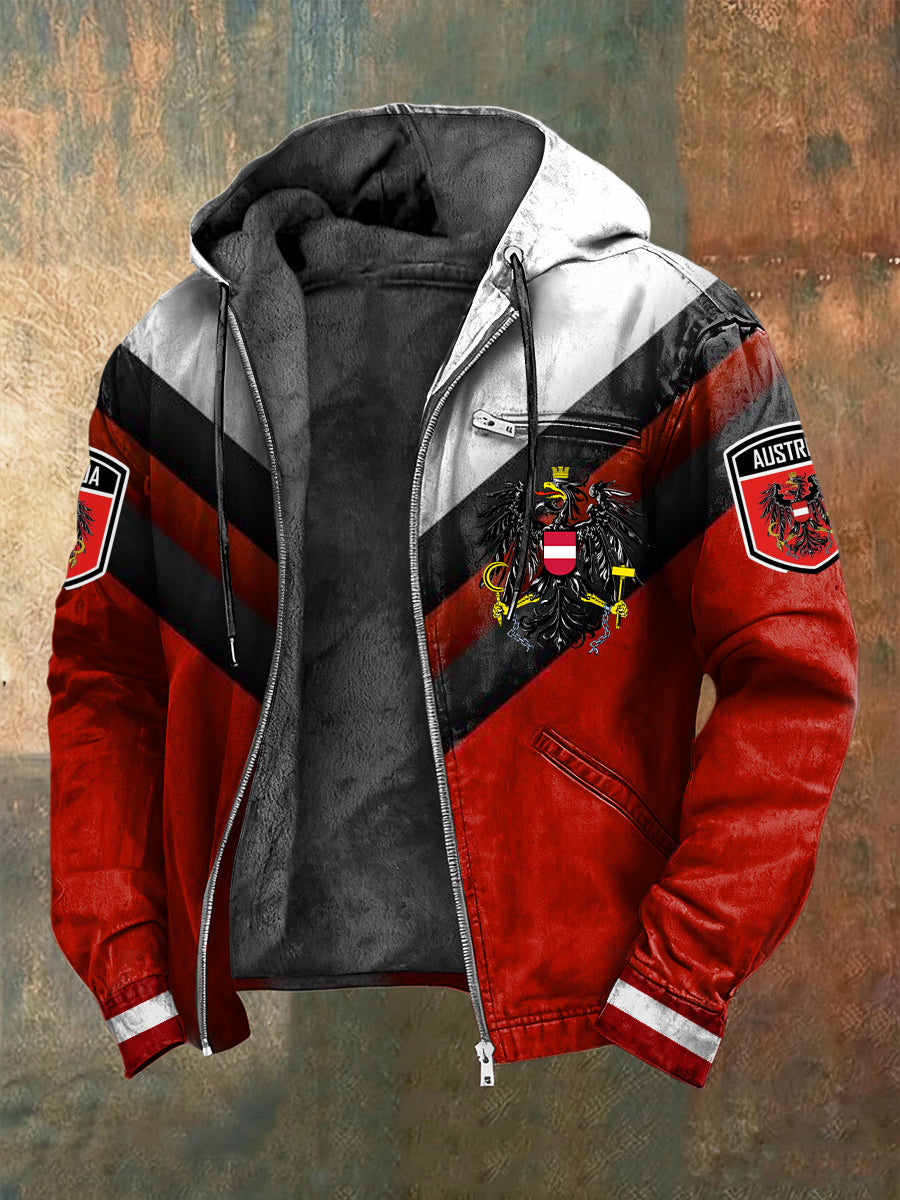 Retro österreich isches Emblem gestreifte Patchwork Fleece-Kapuzen jacke