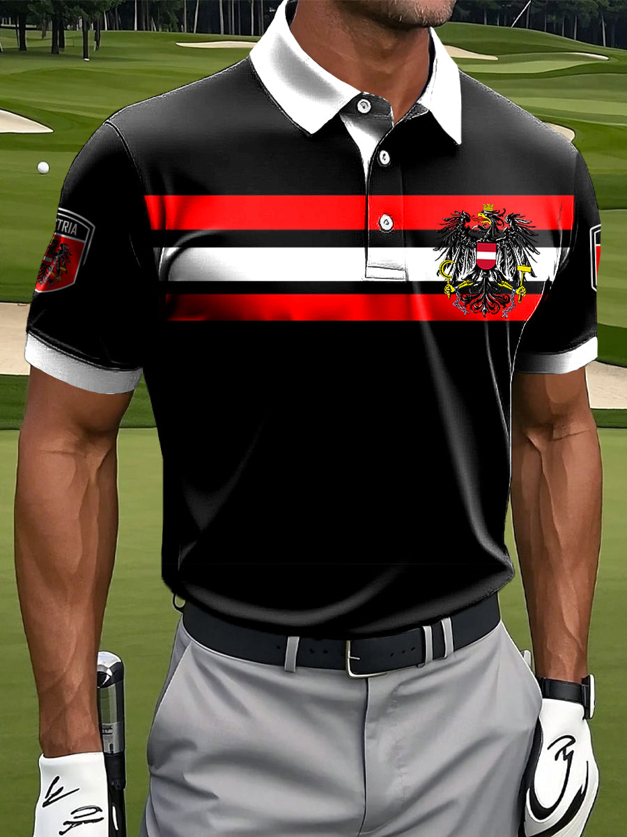 Herren Vintage Österreich ische Flagge Streifen Patchwork Casual Polo Shirt