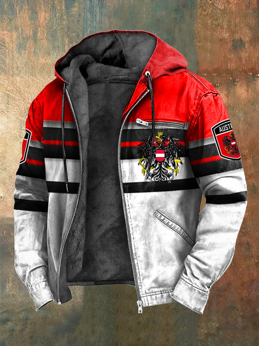 Retro österreich isches Emblem gestreifte Patchwork-Freizeit jacke mit Fleece ausgekleidet Kapuzen jacke