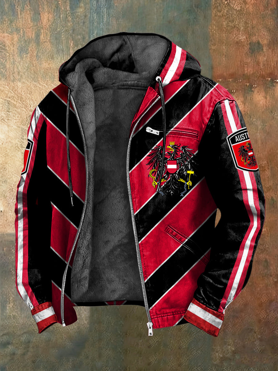 Retro österreich isches Emblem gestreifte Patchwork Fleece-Kapuzen jacke