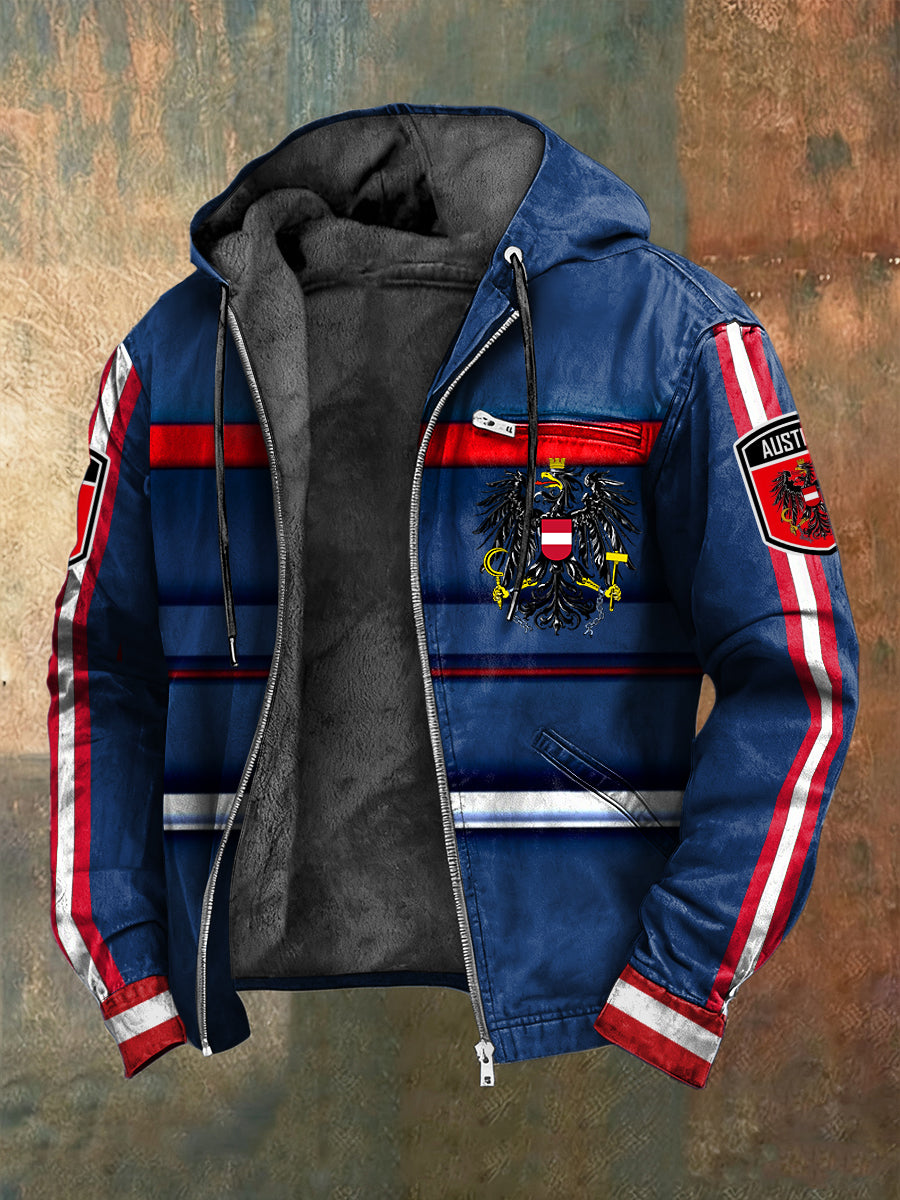 Retro österreich isches Emblem gestreifte Patchwork Fleece-Kapuzen jacke