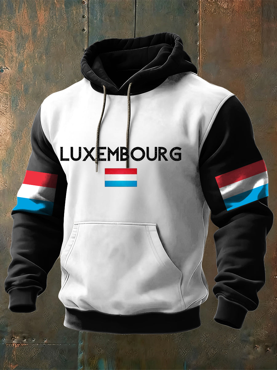 Moderner Zweifarbiger Kapuzen pullover mit Luxemburger Flagge für Herren