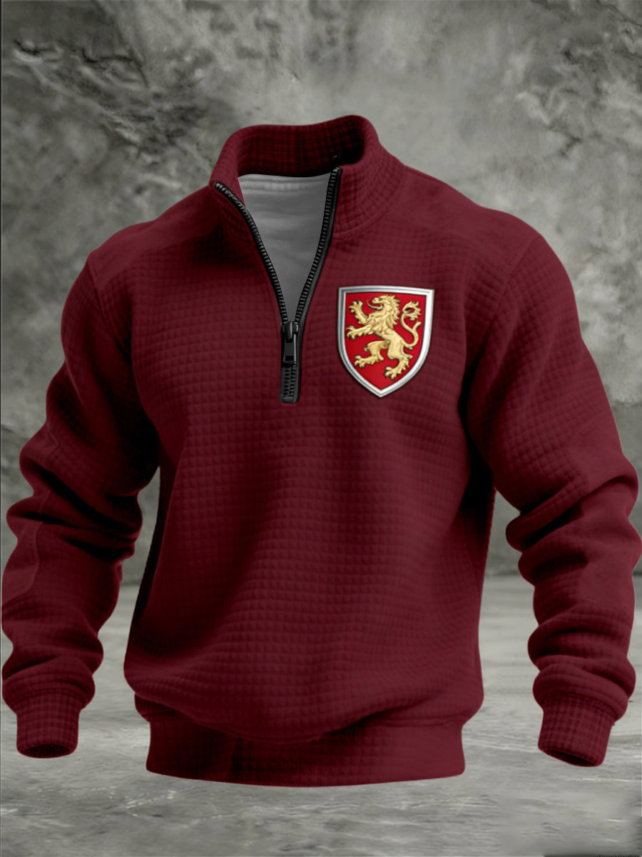 Herren Reiche Burgunder Golden Lion Shield Quarter-Reiß verschluss Hoodie