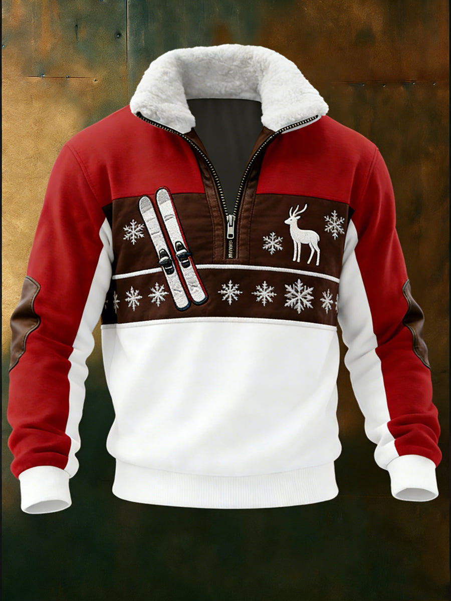 Herren Österreich Festliches rot-weißes Ski-& Hirsch-Sherpa-Lined Top