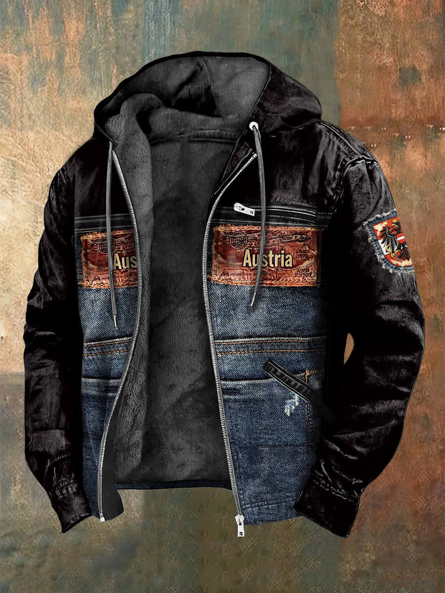 Herren-Jacke mit Fleece-Auskleidung aus österreichi schem Denim-Patchwork-Print mit Kapuze