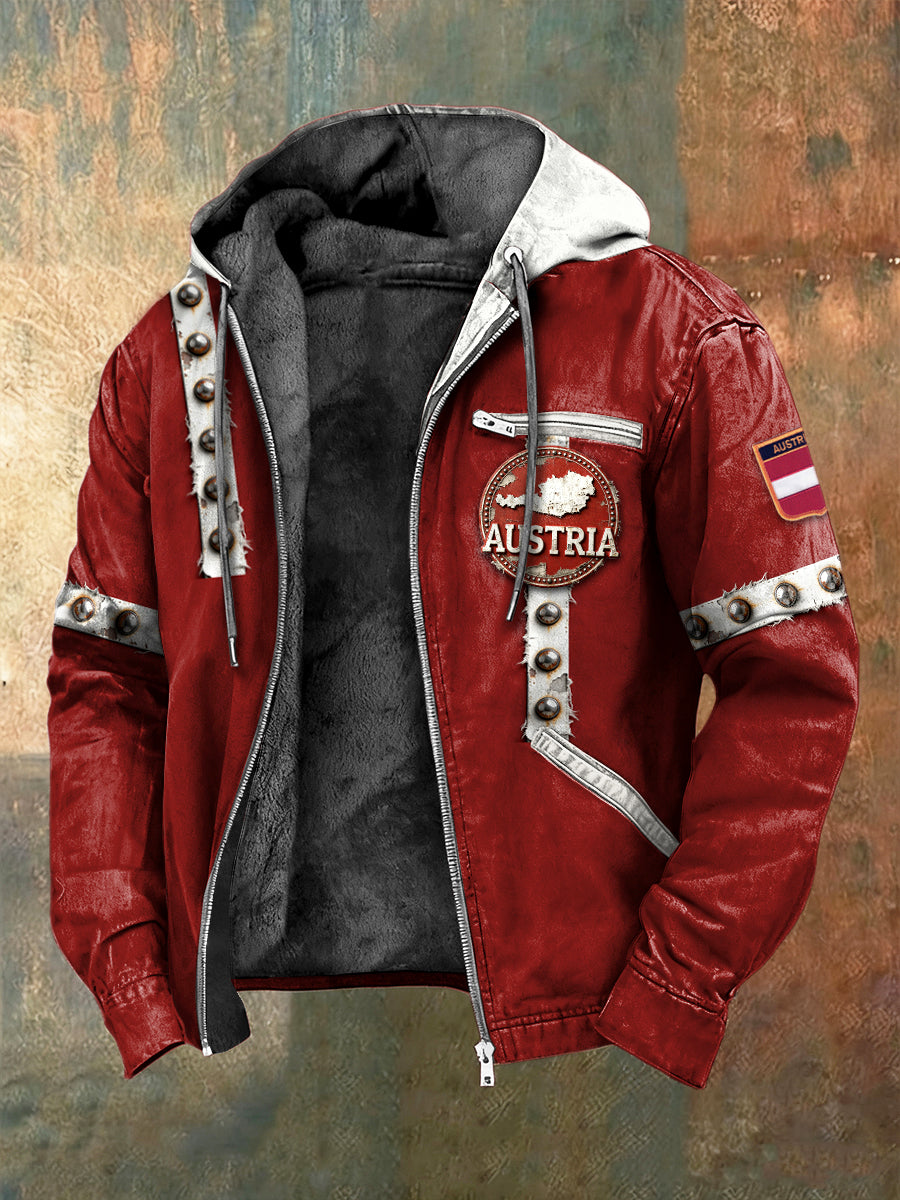 Herren Österreich ische Karte Niet druck Rot Fleece-Jacke im Biker-Stil
