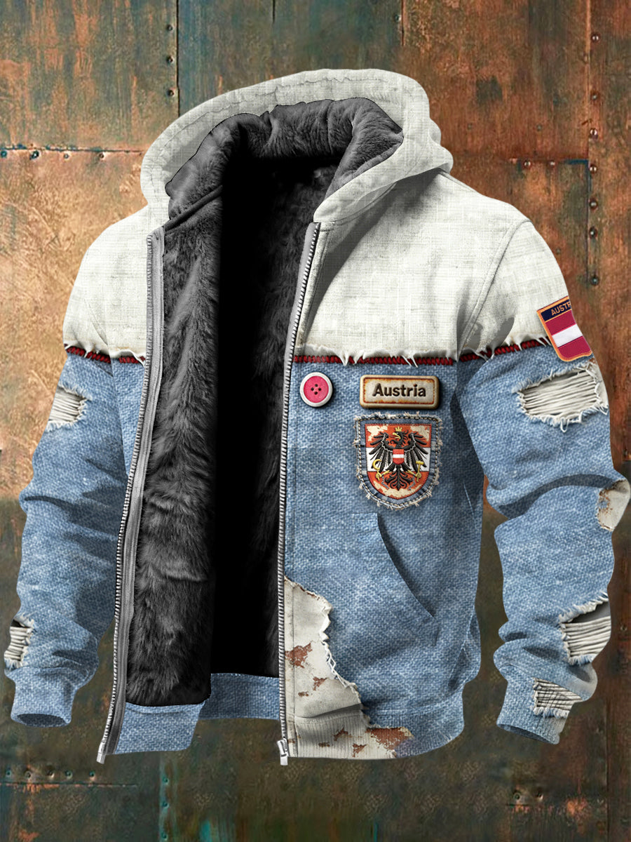 Herren-Jacke mit österreichi schem Denim-Print-Patchwork-Fleece-Auskleidung