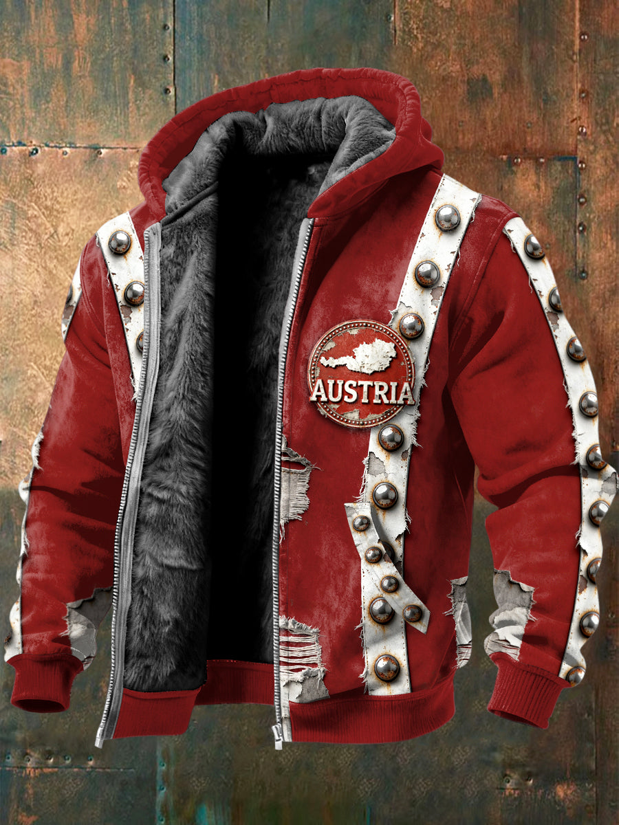 Herren Österreich ische Karte Niet druck Rot Vintage Fleece-Jacke