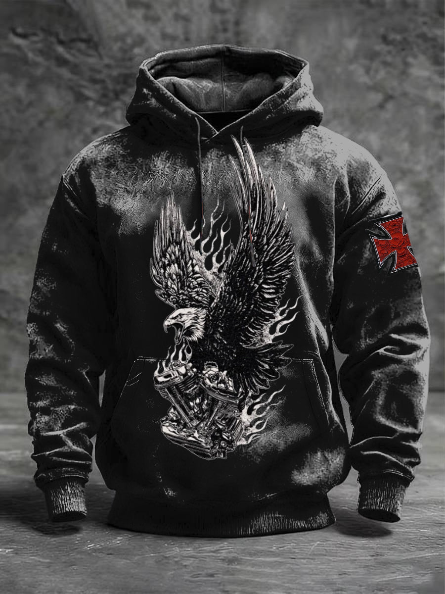 Stilvoller schwarzer Hoodie für Männer mit Eisernem Kreuz Adler muster