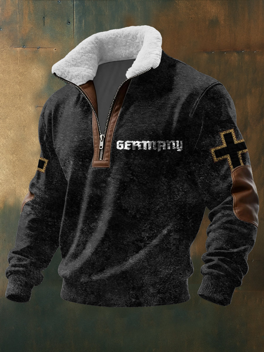 Herren-Sweatshirt mit Emblemen aus Kaschmir-Patchwork-Kragen mit deutschen und Kreuz emblemen