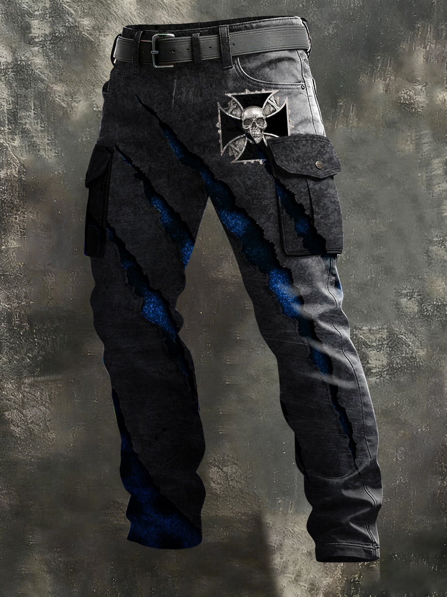 Herren Stilvolle blaue 3D-Klaue Mark Eisernes Kreuz Soldat Schädel Logo Arbeits hose