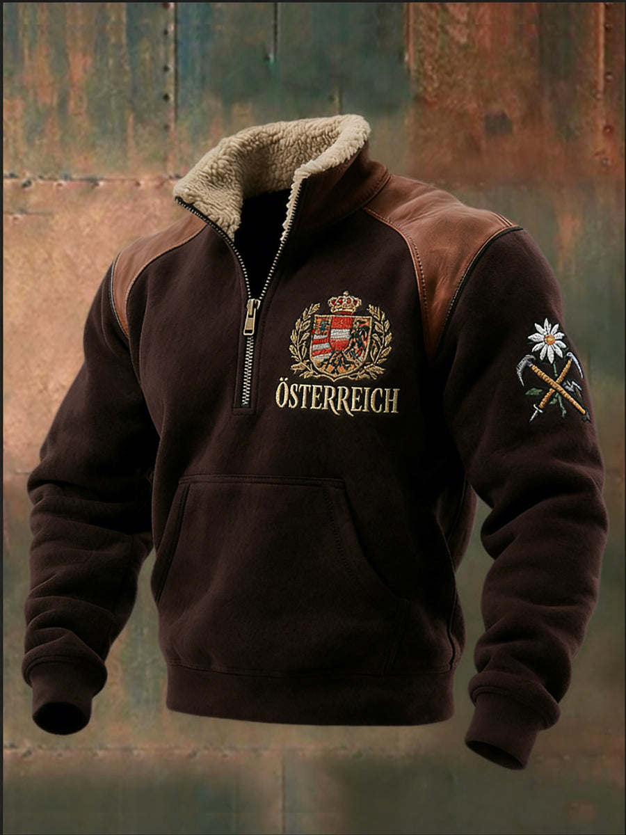 Herren Regal Braun Österreich isches Wappen Emblem Sherpa Kragen Sweatshirt