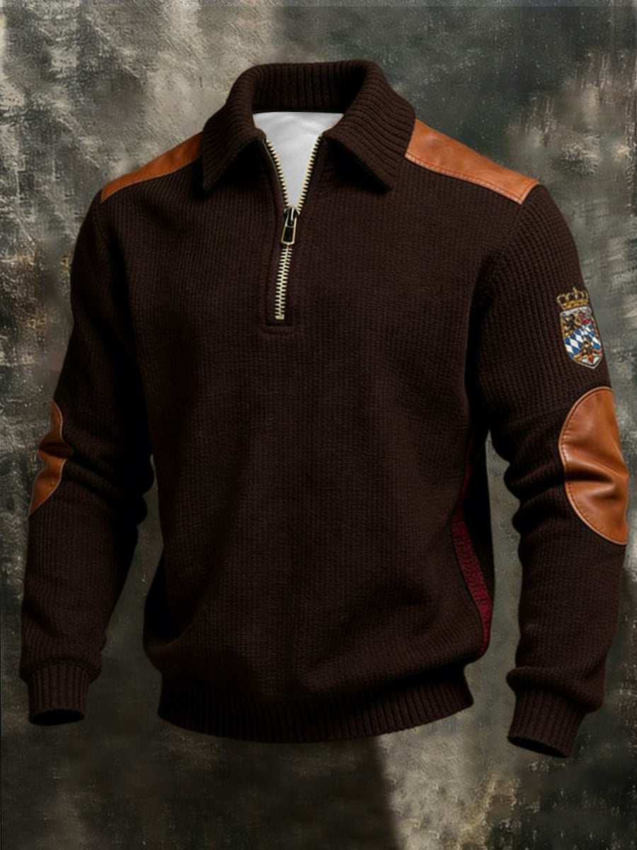 Herren Elegantes, braunes Wappen-Emblem-Leder-Akzent-Sweatshirt mit viertem Reiß verschluss