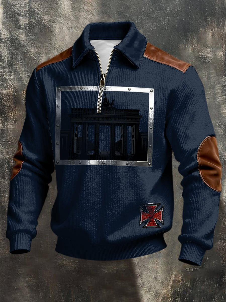 Herren-Sweatshirt mit dreitem Reiß verschluss Marine-Brandenburger Tor & Kreuz-Detail