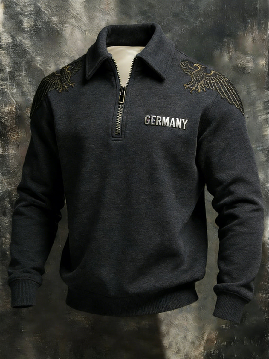Herren schlanke Holzkohle "DEUTSCHLAND" Eagle Emblem Quarter-Reiß verschluss Sweatshirt