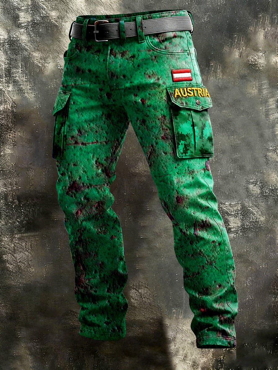 Herren-Österreich ische Flagge 3D-gedruckte grüne Vintage-Arbeits hose