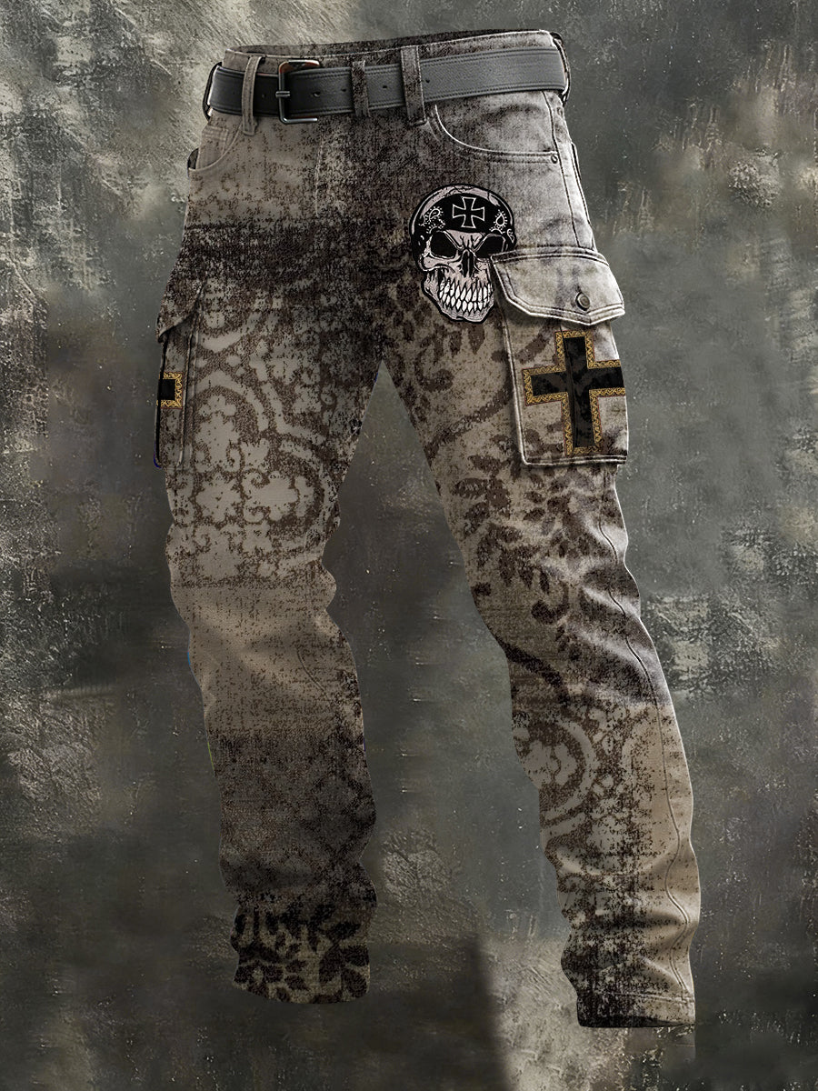 Herren Distressed Grau Deutsches Kreuz & Schädel Cargo Hosen