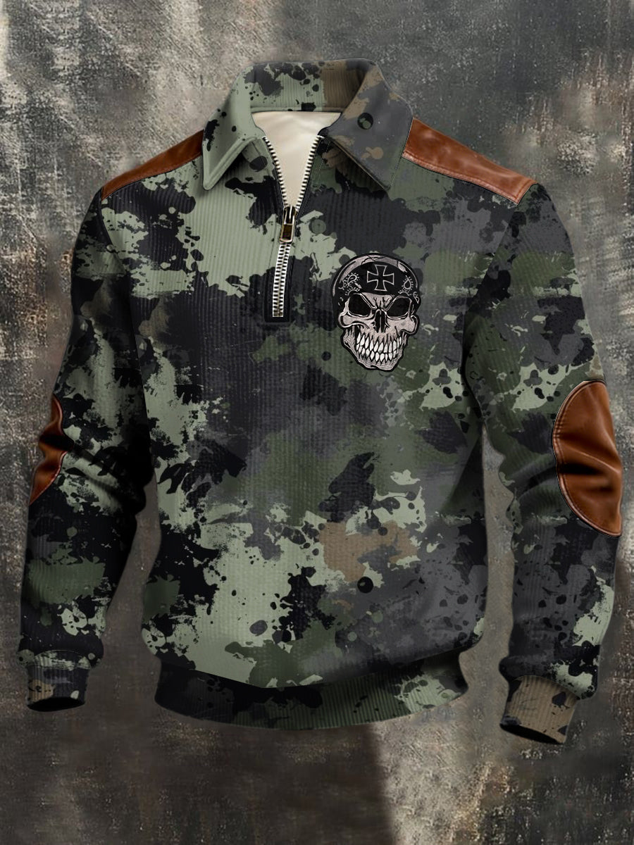 Herren robuster Camo Deutsches Kreuz Schädel Leder-Akzent Quarter-Reiß verschluss Sweatshirt 