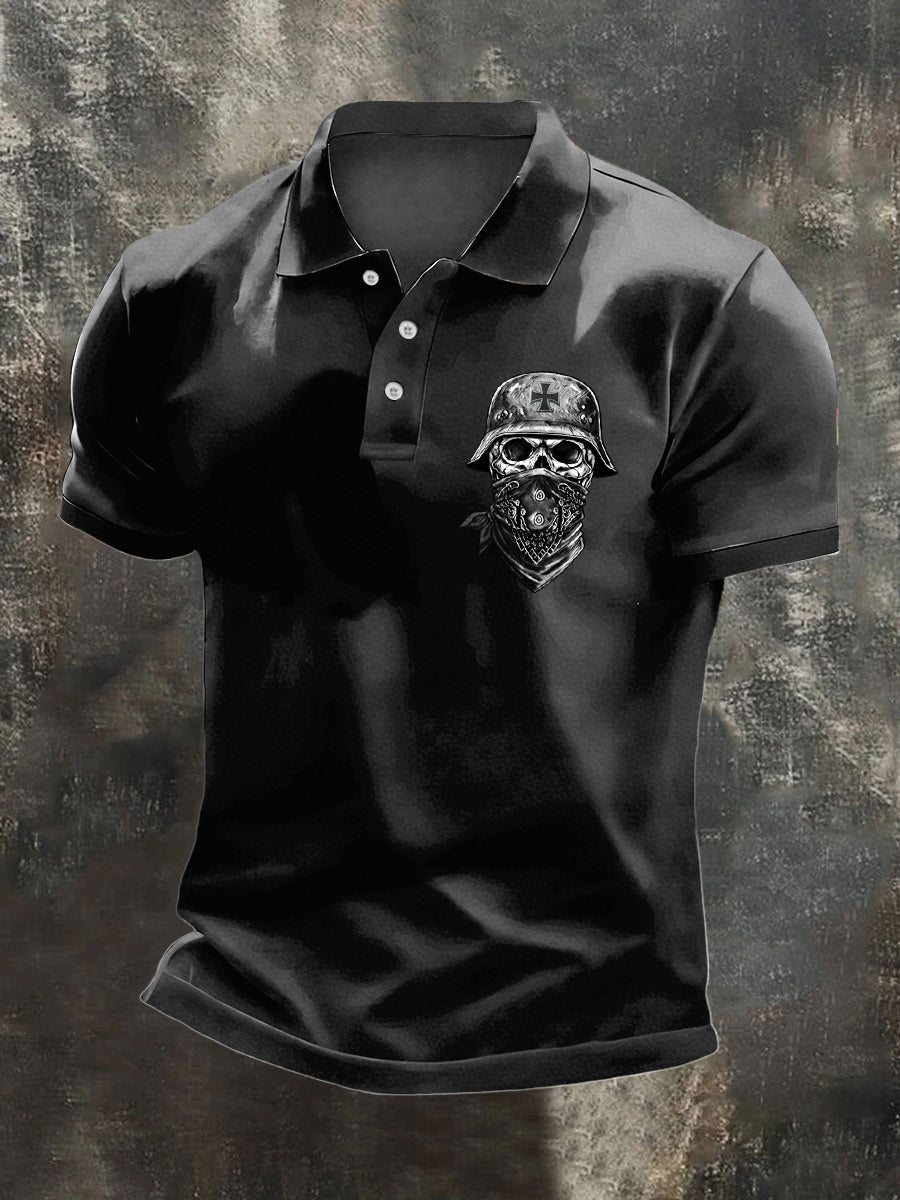 Herren Edgy Schwarz Deutscher Soldat Schädel Grafik Polo Shirt