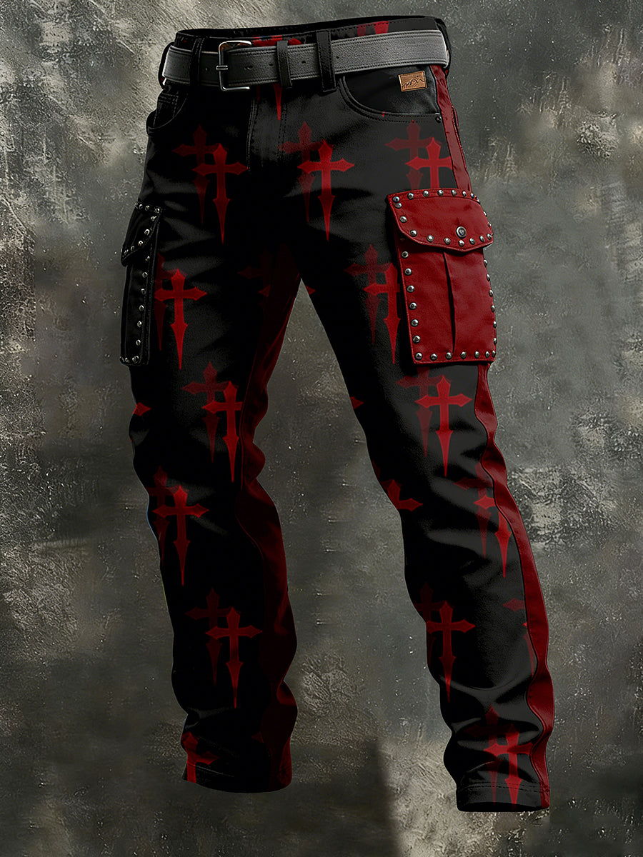Herren Retro Urlaub Business Punk Cross Art Print Freizeit kleidung Hose