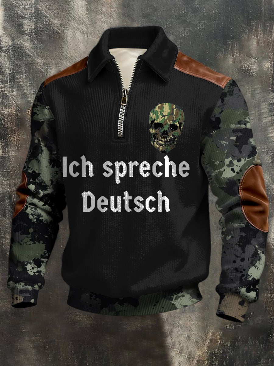 Herren Edgy Camo "Ich spreche Deutsch" Schädel Leder-Akzent-Quarter-Zip-Sweatshirt
