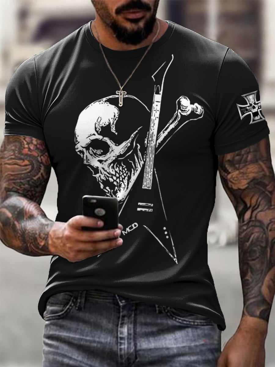 Herren Edgy Black Skull & Gitarre Deutsches Kreuz T-Shirt