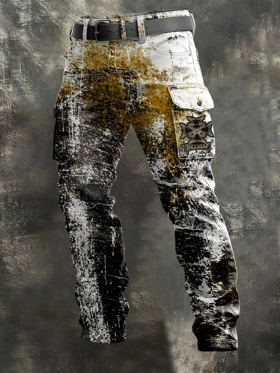 Herren Edgy Gold-Black Splatter Deutsche Kreuz Cargo hosen