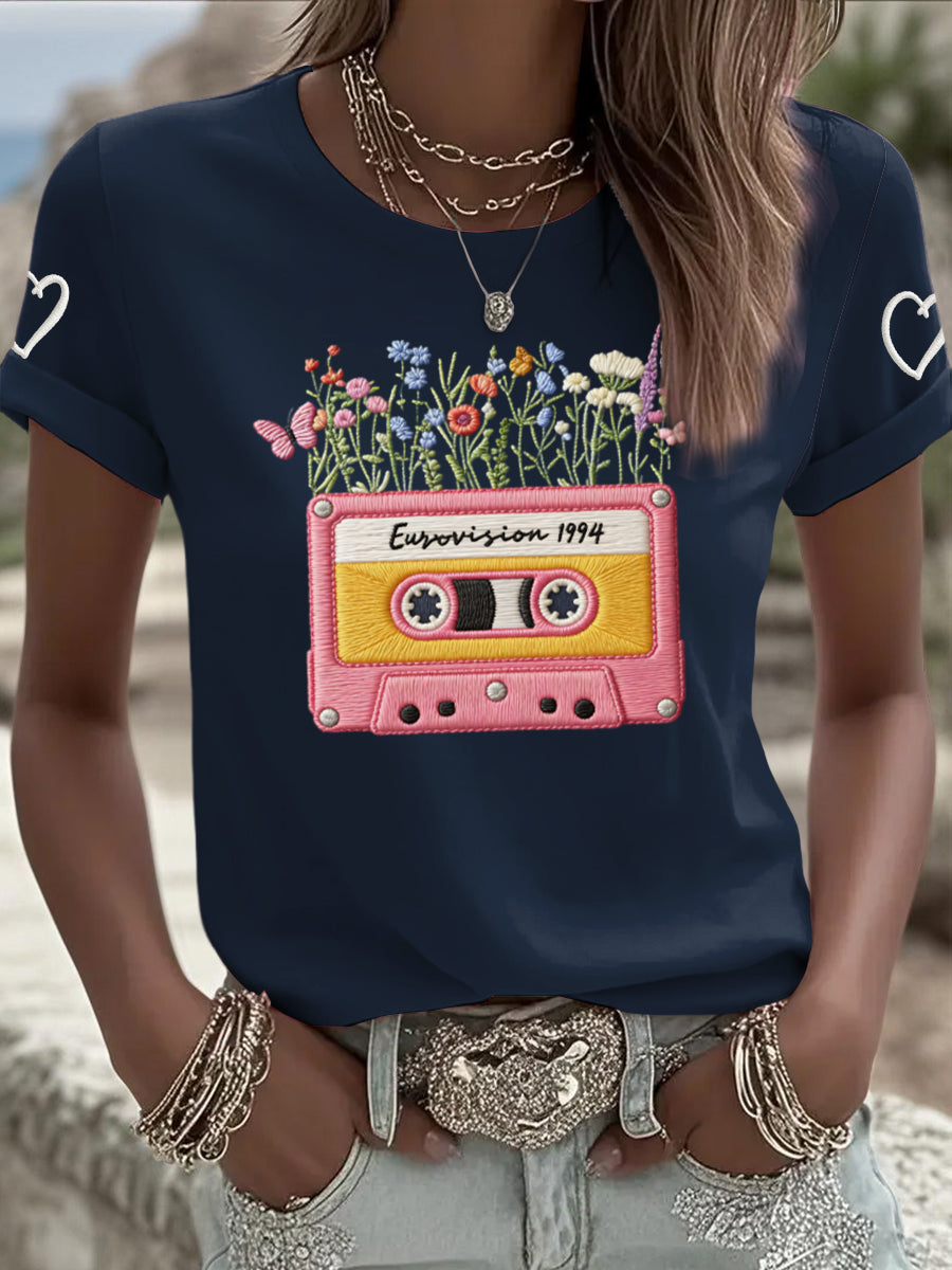 Damen Vintage österreich ische 2026 Song Contest Floral lässig T-Shirt