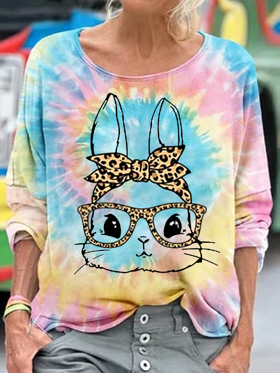 Damen Cute Easter Niedliches Leopard Bunny Print Lässiges Langarm-Top