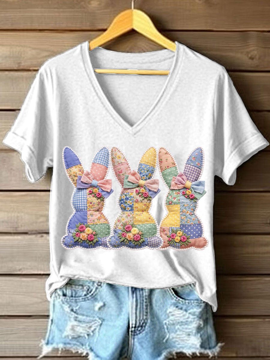 Frauen niedliches Bunny Patchwork Muster T-Shirt