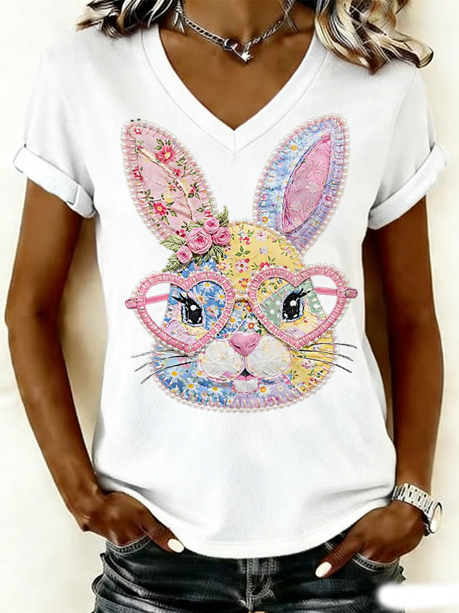 Damen-Blumen-Häschen-Patchwork-Druck lässiges T-Shirt mit V-Ausschnitt