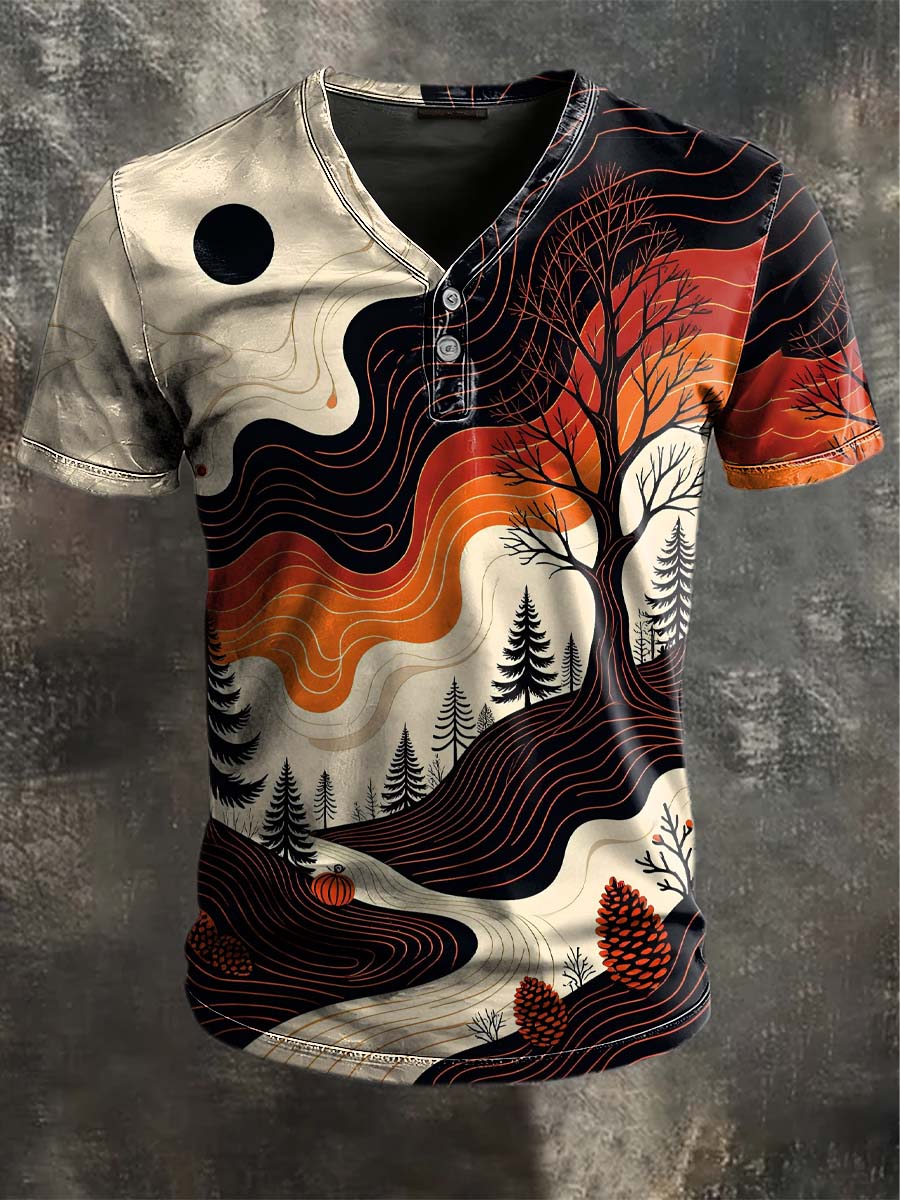 Natur Landschaft Illustration Druck lässig Kurzarm V-Ausschnitt T-Shirt