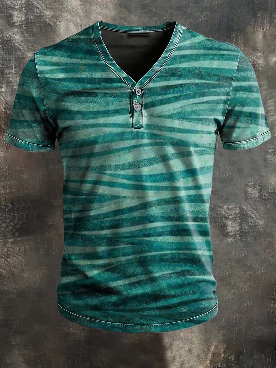 Lässiges Kurzarm-T-Shirt mit V-Ausschnitt, vom Wald inspirierter Wellen druck