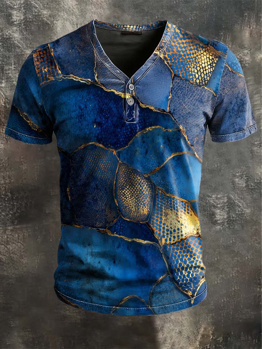 Gold-eingelegte Jade-Türkis-Print-Kurzarm-T-Shirt mit V-Ausschnitt