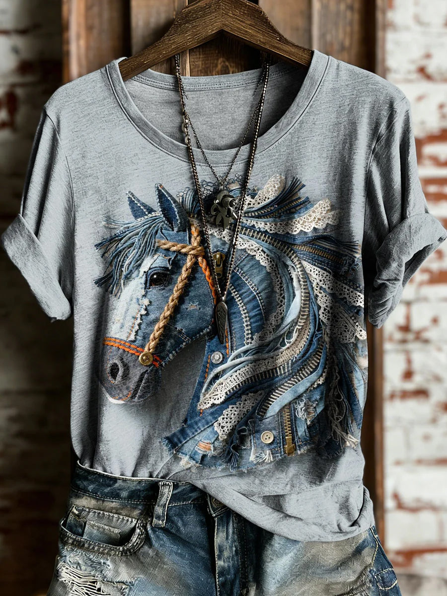 Damen Vintage Pferd Kunstdruck Lässiges T-Shirt mit kurzen Ärmeln