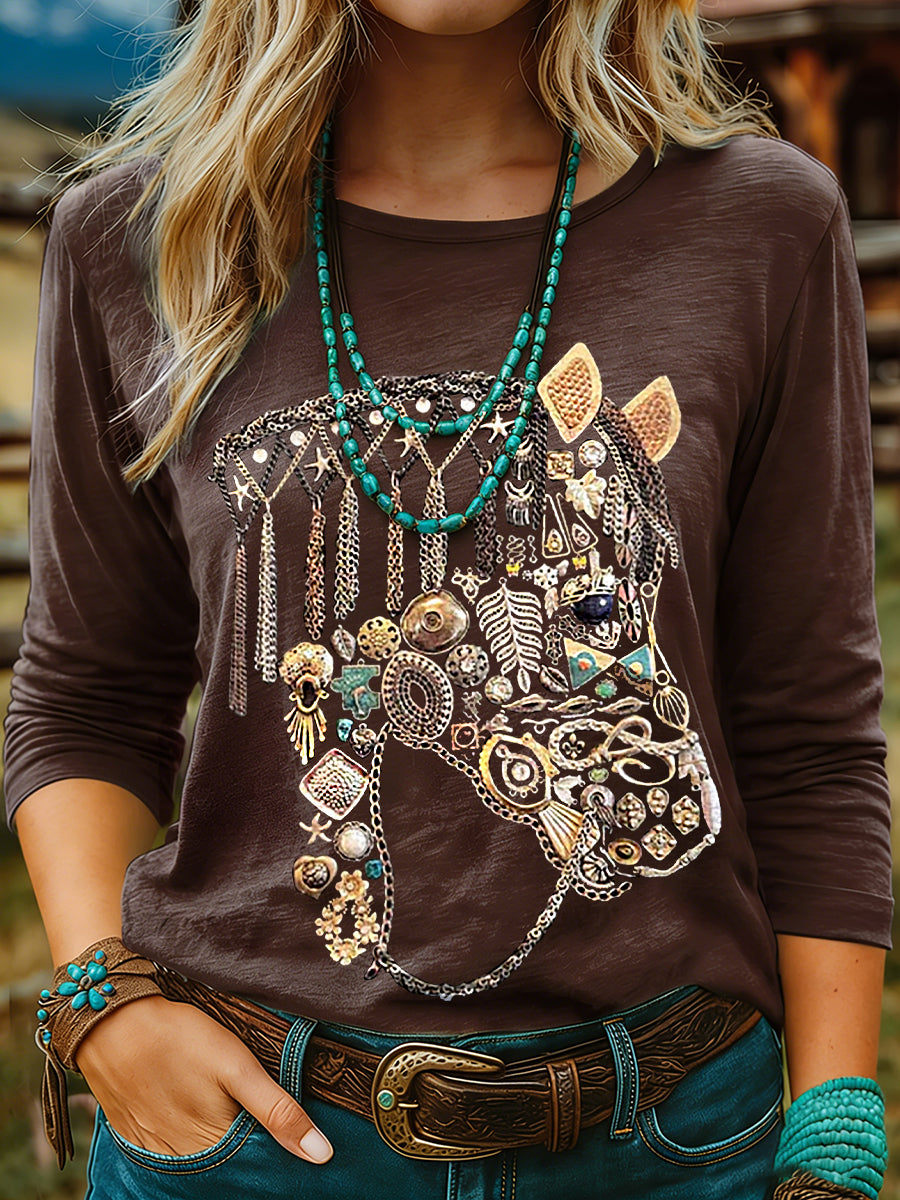 Damen Vintage Pferd Kunstdruck Lässiges T-Shirt mit langen Ärmeln