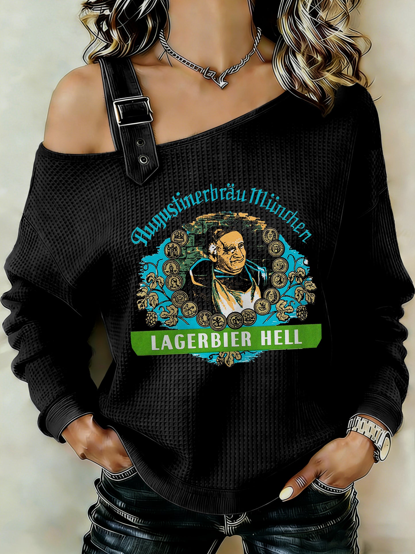 Damen Bier liebhaber Patchwork Print lässig schulter freies Sweatshirt