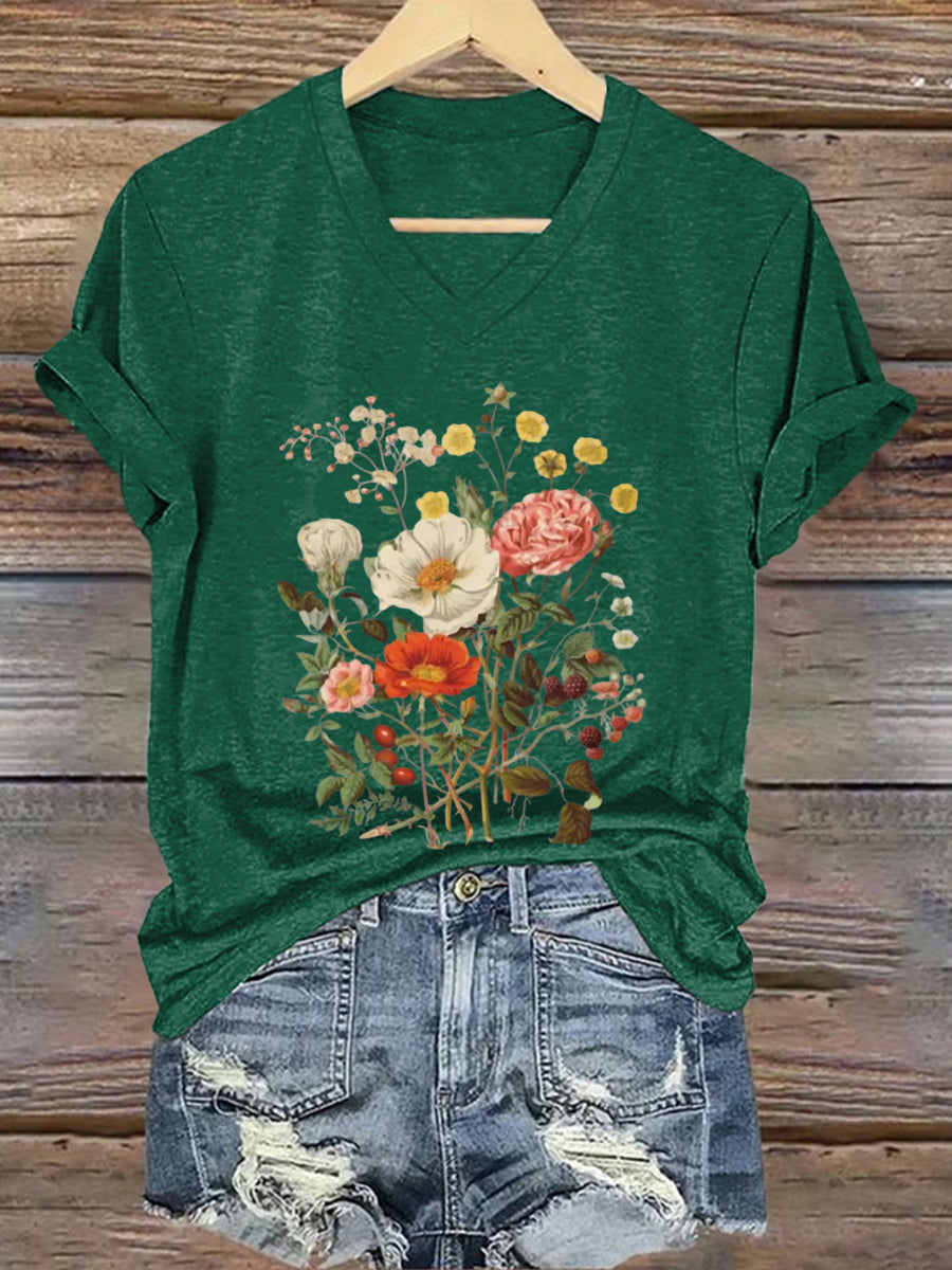 Damen-T-Shirt mit Blumenmuster und kurzen Ärmeln