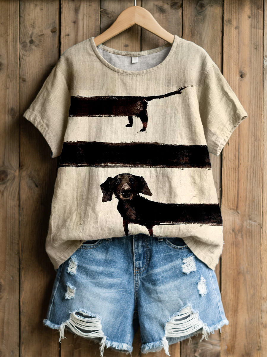 Damen Dackel Kunstdruck Leinen mischung T-Shirt