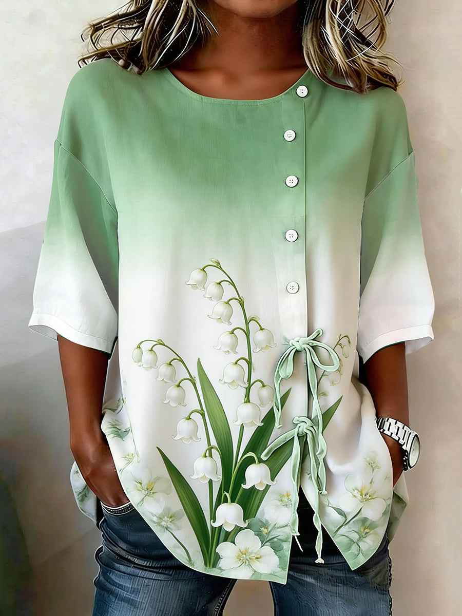 Damen Muguet Bedrucktes lässiges Leinen hemd